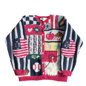 Vintage The Eagles Eye Hand Knit Wool American Flag Cardigan Sweater Size XL